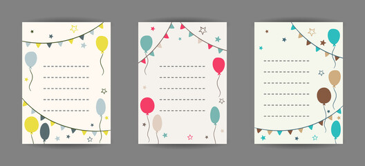 Set of templates for greeting cards with balloons and garlands. Blank for a banner for a birthday, party, anniversary, wedding or celebration. Vector illustration for printing.