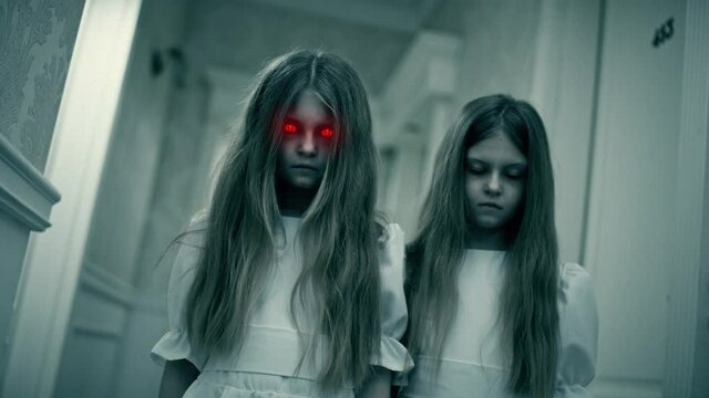 Two creepy little girls with scary evil eyes standing in hotel hall, witchcraft. Paranormal events, ghost activity, horror scene