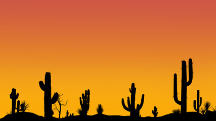 Fototapeta na wymiar Silhouettes of different cacti at sunset with a cloudless sky in the desert. Desert sunset with clear sky without clouds.