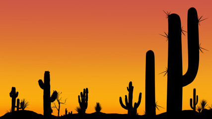 Silhouettes of different cacti at sunset with a cloudless sky in the desert. Desert sunset with clear sky without clouds.