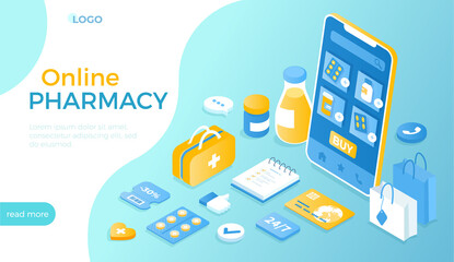 Online pharmacy. `Medical store, health service, medical care app. Healthcare, doctor prescription, medicaments in drugstore. Isometric vector illustration for website.
