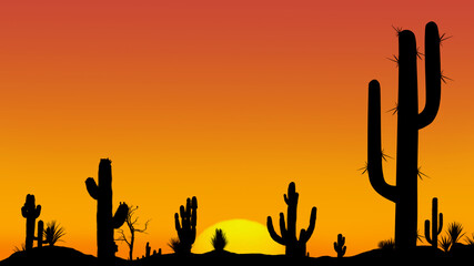 Silhouettes of different cacti at sunset with a cloudless sky and the setting sun in the desert. Desert sunset with clear sky.