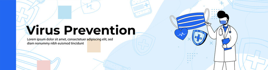 Virus Prevention Web Banner Design.doctor wearing a mask explaining prevention of virus transmission.header or footer banner.