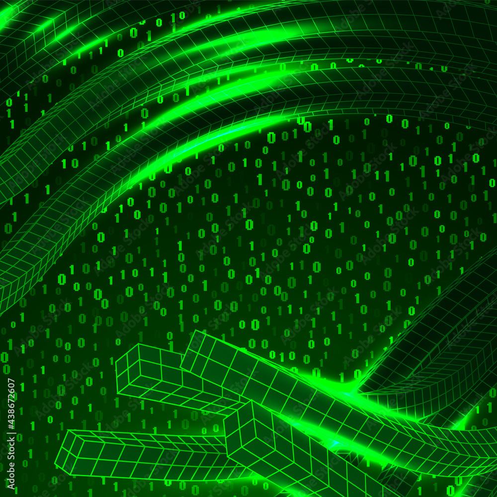 Poster Abstract background with 3D grid lines waving with running digits on the background. Technological abstraction.