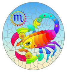 Illustration in the style of a stained glass window with an illustration of the steam punk sign of the horoscope scorpio, oval image
