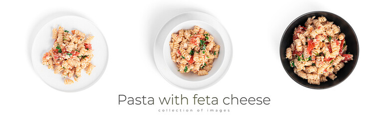 Pasta with feta cheese, tomatoes and herbs isolated on a white background. Feta pasta.