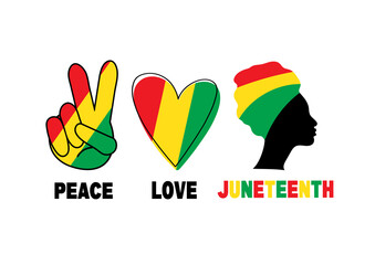 Peace, Love, Juneteenth. Silhouette of Black Afro-American Woman. Heart and fingers with colour of flag. Freedom and Emancipation day.
