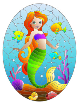 Illustration in stained glass style with cute cartoon mermaid in the background of the seabed and fish, oval image