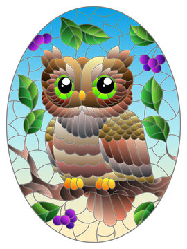 Stained glass illustration with cartoon owl against a blue sky and berries, in a bright frame, oval image