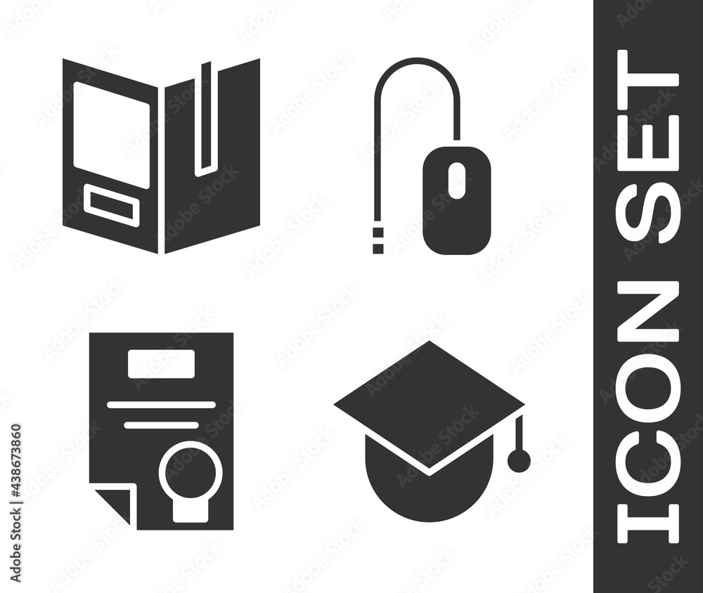 Poster set graduation cap on globe, open book, certificate template and computer mouse icon. vector