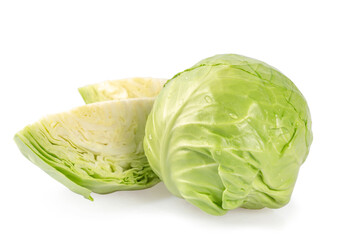 Fresh green cabbage on a white background.