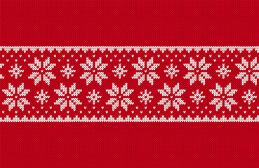 Christmas knit seamless pattern. Red border for sweater. Knitted texture. Xmas festive background. Holiday fair isle traditional print. Ornamen twith flowers. Geometric pullover. Vector illustration.