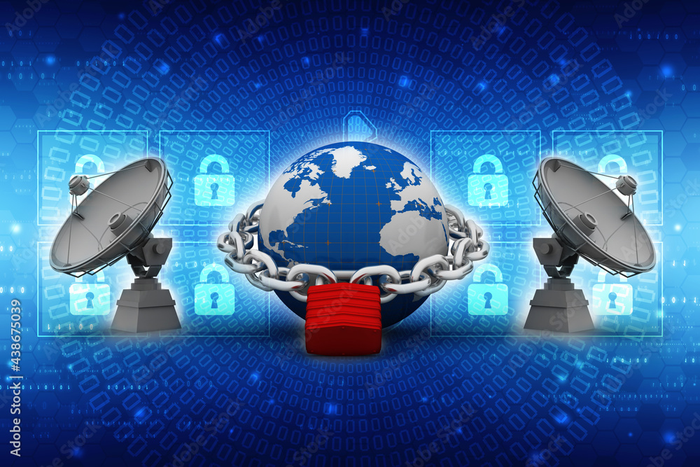 Poster satellite dish and spaceship with globe lock, 3d rendering