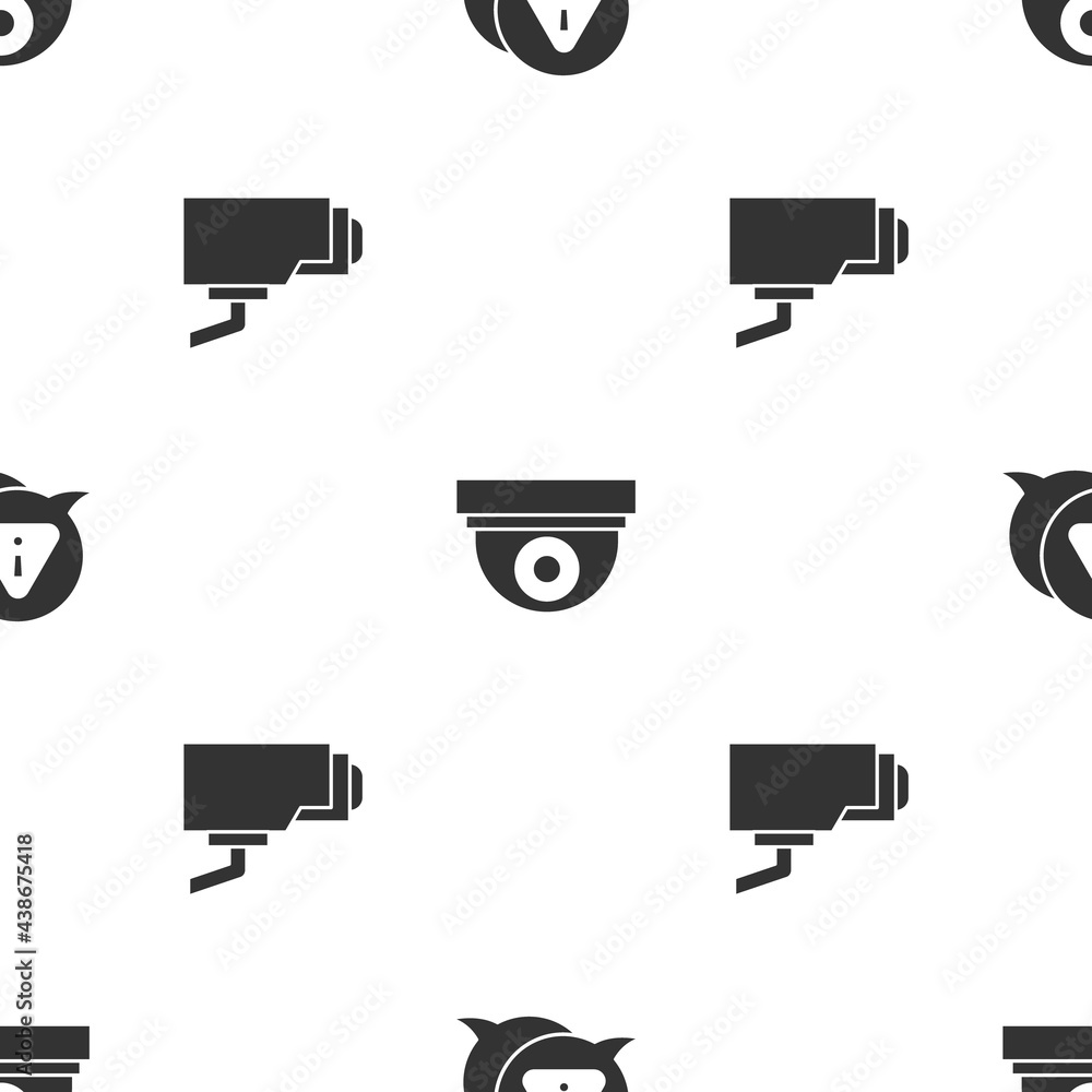 Poster set exclamation mark in triangle, security camera and on seamless pattern. vector