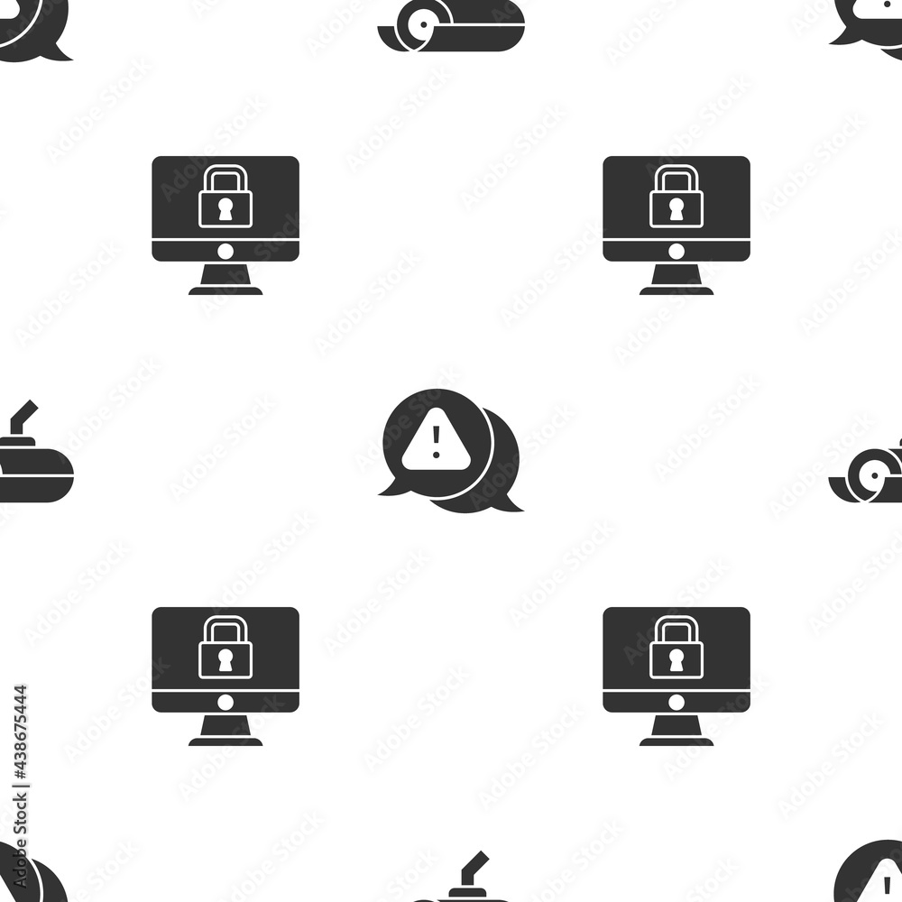 Poster set security camera, exclamation mark in triangle and lock monitor on seamless pattern. vector