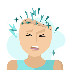 Headache, migraine. My head is writhing with pain and sparks inside. Cartoon illustration for informational posters, articles, websites, and mobile apps.