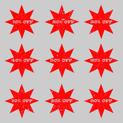 Star shaped Sale tags set vector badges template with grunge effect, 10 off, 20 %, 90, 80, 30, 40, 50, 60, 70 percent sale label symbols, discount promotion flat icon.