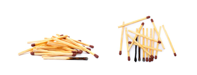 Laid used matchsticks isolated on white background
