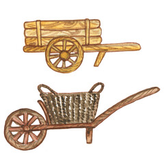 Fototapeta na wymiar Watercolor drawing of a cart for the garden.watercolor cart illustration, isolated vintage, background, retro cart autumn,.farm, garden, wooden.