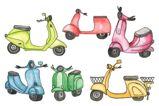 Watercolor drawing of a scooter, summer retro transport, different colors. Clipart summer transport. Illustration for the design. Scooter transport.