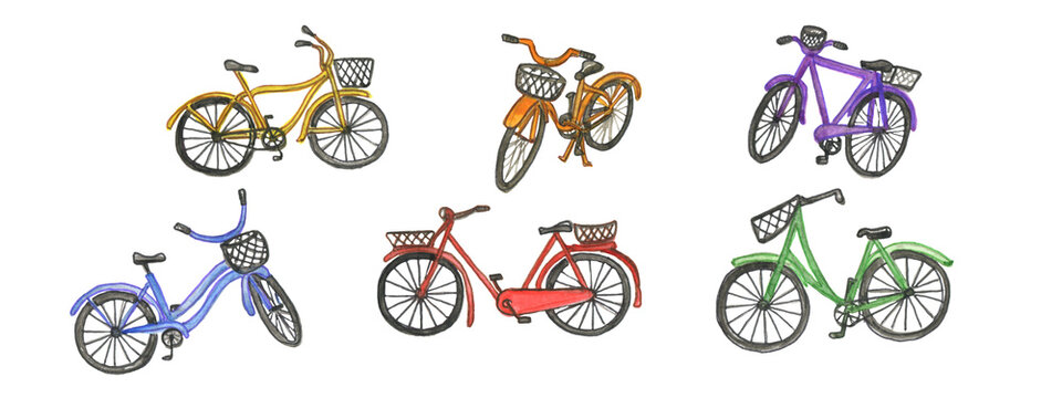 Watercolour drawing of bicycles in different colors. Clipart transport. Illustration for the design. Bicycle summer transport,sport.