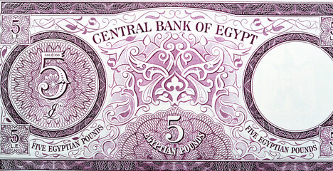 The reverse side of an old Five Egyptian pounds banknote 5 LE Issue year 1964 signed by Ahmed Zendo...