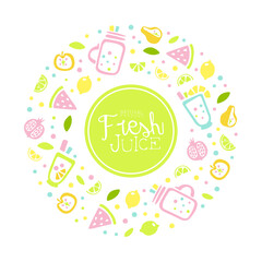 Fototapeta premium Fresh Juice Banner Template, Poster, Card Tropical Fruits Seamless Pattern in Circular Shape Vector Illustration