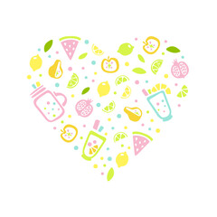 Fresh Juice and Tropical Fruits Seamless Pattern in Heart Shape Hand Drawn Vector Illustration