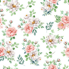 Seamless background, floral pattern with watercolor flowers pink and white roses. Repeat fabric wallpaper print texture. Perfectly for wrapped paper, backdrop, frame or border.
