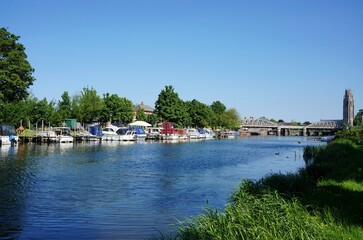Fototapeta premium Boats on the marina with the bridge across the river Witham