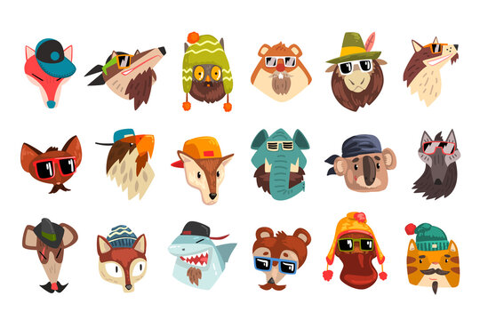 Cute Animal Heads Set, Owl, Koala, Wolf, Elephant, Tiger, Fox Wearing Stylish Headgears and Sunglas Cartoon Vector Illustration