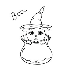 vector hand drawing in doodle style cartoon cat in witch hat. cute kitten in the witch's cauldron. halloween illustration for kids design