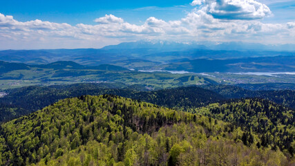 Luban (Lubań) highest mountain peak in polish Gorce - observation tower - view frome drone