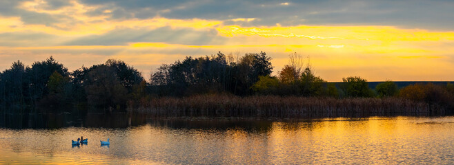 Autumn landscape with a river at sunset and the reflection of trees in the water