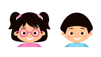 Asian boy and girl portraits. Cute cartoon happy kids. Children avatar. Vector illustration  isolated on white background