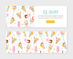 Ice Cream Landing Page Template, Tasty Sweet Summer Desserts Website Vector Illustration