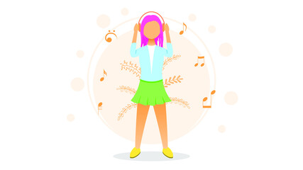 Abstract Flat Woman Listening To Music With Headphone Cartoon People Character Concept Illustration Vector Design Style With Leaves Song Relaxation Good Mood Rest