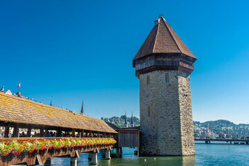 LUCERNE, SWITZERLAND, 8 AUGUST 2020: The beautiful landscape of the Kapellbrücke bridge