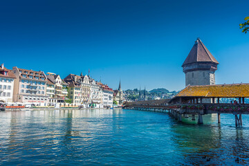 LUCERNE, SWITZERLAND, 8 AUGUST 2020: The beautiful landscape of the Kapellbrücke bridge