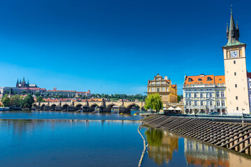 Fototapeta na wymiar PRAGUE, CZECH REPUBLIC, 31 JULY 2020: Beautiful cityscape over the Vltava River