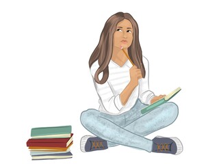 A girl dressed in jeans is sitting with a book in her hands, thinking about something, next to there is a pile of books. Education and study concept. Isolated illustration on white background