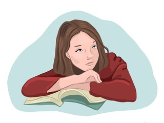 The girl is sitting with a book. Girl's diary. The student is studying with a book. The teenager learns the lessons. Female character illustration