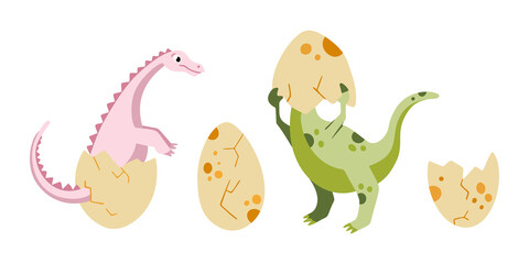 A cute dinosaurs hatching from eggs. Dinosaurs eggs vector illustration. Newborn cute dinosaurs set