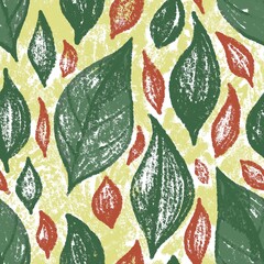 Seamless pattern of green and red leaves on a yellow background drawn by hand with pastel pencils. Design of fabric, textiles, wallpaper, background.