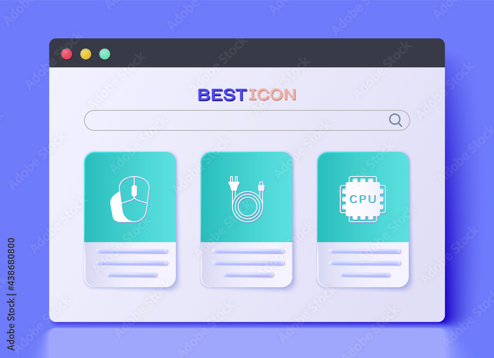 Poster set electric plug, computer mouse and processor with cpu icon. vector