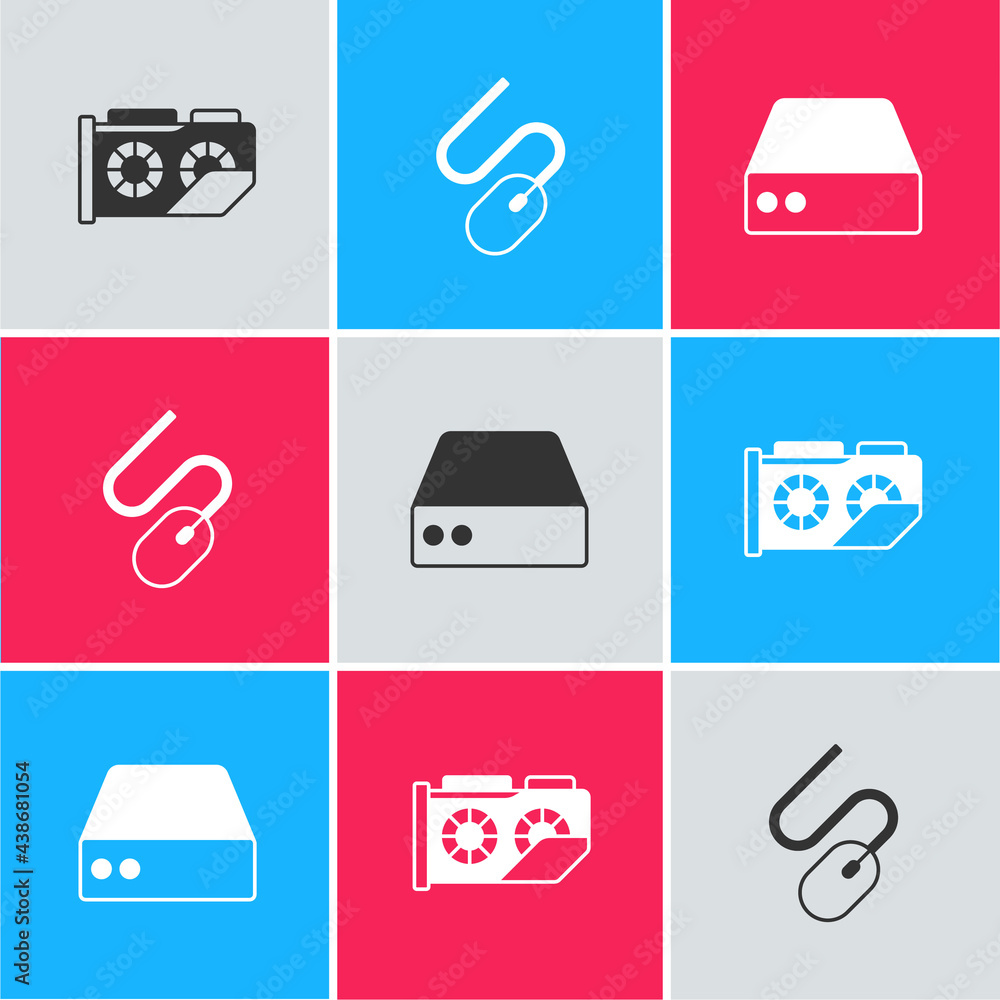 Poster set video graphic card, computer mouse and server, data, web hosting icon. vector