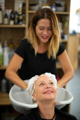 Obraz na płótnie Canvas Woman getting hair washed in hair salon
