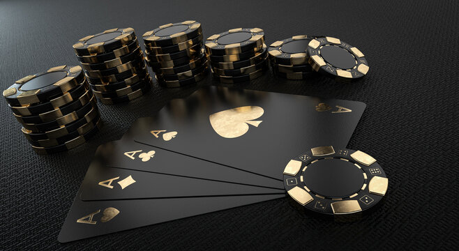 Casino Chips And Aces, Modern Black And Golden Isolated On The Black Background. Place For Logo Or Text - 3D Illustration	