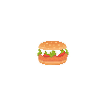 Pixel art chicken burger icon. Vector Retro 8 bit illustration of chicken burger. Pixel fast food isolated chicken burger. Pixel vector chicken burger with mayo icon for game, sticker, app, web design