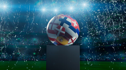 National Flag themed Football on a plinth against a Stadium Background. 